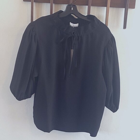 Ganni Crepe Mock Neck, 3/4 Length Sleeve Top - Picture 1 of 9